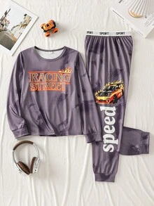 2pcs/Set Boys' Comfortable Grey Long Pants And Long Sleeve Pajamas Boys Lounge Set Car Graphic Print - Grey - View 1