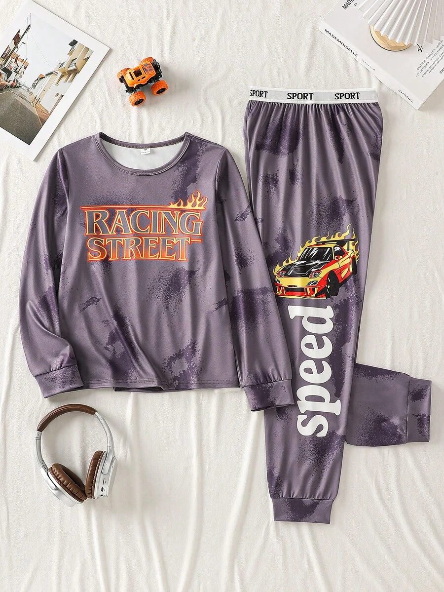 2pcs/Set Boys' Comfortable Grey Long Pants And Long Sleeve Pajamas Boys Lounge Set Car Graphic Print - Grey - View 1