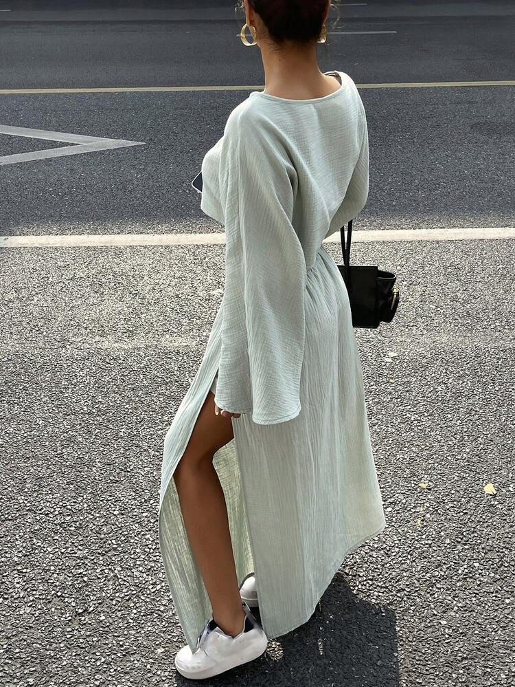 2pcs Women Solid Color Fitted Short Long Sleeve Pullover Shirt And Elastic Waist Split Skirt Elegant Resort Outfit, Spring/Autumn