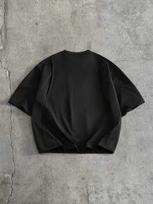 EASEVO 男士休闲宽松加大码短袖T恤，黑色拼接纯色无印花，夏季 - 黑色 - 查看 2