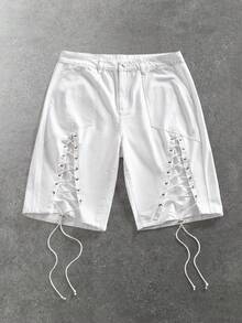 ROMWE MEN Street Life Men's Casual Minimalist White Tie-Up Shorts, Daily Wear - White - View 1