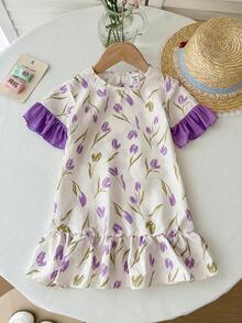 LMoss Kids 女婴针织撞色碎花圆领连衣裙家居服 - 彩色 - 查看 1