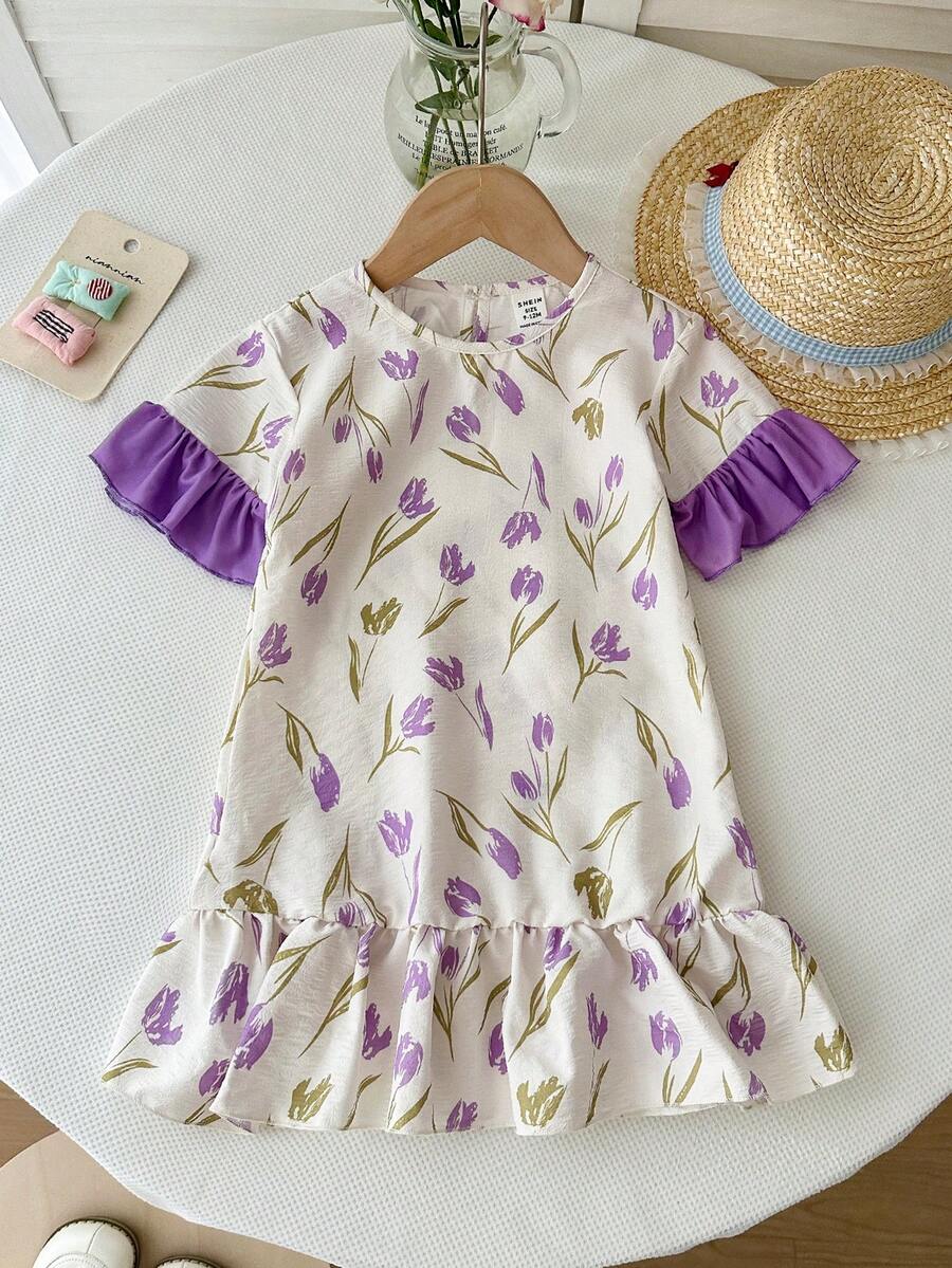 LMoss Kids 女婴针织撞色碎花圆领连衣裙家居服 - 彩色 - 查看 1