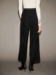 Lumivelle 女士高腰直筒裤，饰有链条，春夏款 - 黑色 - 查看 2