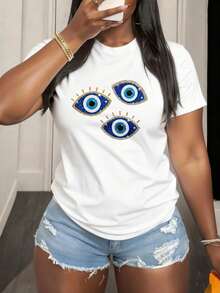 Camiseta de manga corta  con estampado de ojos turcos brillantes para mujer estilo casual verano - Blanco - Ver 10