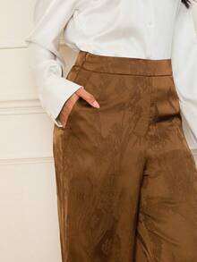 Lilora Pantalones anchos de jacquard de unicolor elegantes y casuales para mujer, clásicos, románticos y elegantes, adecuados para ir al trabajo, pantalones de trabajo de jacquard de cintura alta, pantalones marrones para mujer, pantalones anchos marrones, pantalones con estampado floral sofisticados y elegantes para mujer - Caqui - Ver 1