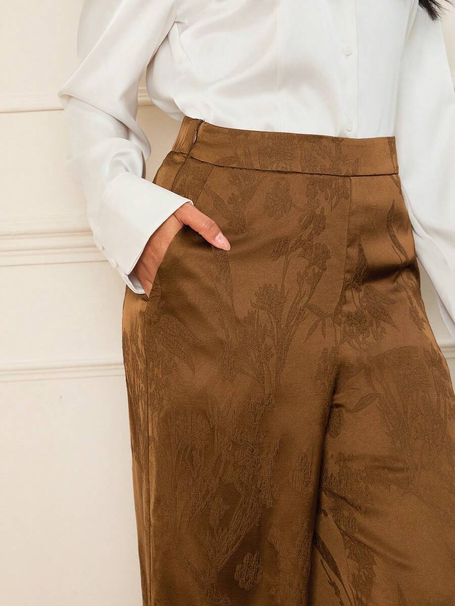 Lilora Pantalones anchos de jacquard de unicolor elegantes y casuales para mujer, clásicos, románticos y elegantes, adecuados para ir al trabajo, pantalones de trabajo de jacquard de cintura alta, pantalones marrones para mujer, pantalones anchos marrones, pantalones con estampado floral sofisticados y elegantes para mujer - Caqui - Ver 1