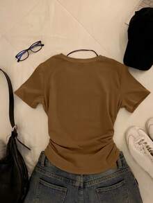 IslaSuriya Women's Casual Pleated Print Short Sleeve T-Shirt - Brown - View 2