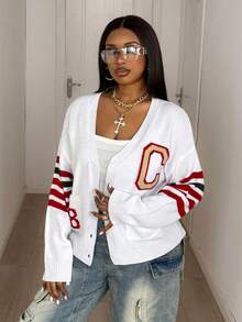 Maweii Casaco de Tricô Cardigan Ajustado com Estampa de Listras Coloridas em Contraste, Decote em V, Manga Longa, Bolsos Duplos, Estilo Casual Esportivo Universitário, Adequado para Uso Diário, Férias e Transporte, Design Jovem e da Moda, Tamanho Plus, Primavera, Outono, Inverno