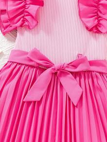 Vestido casual de princesa de verano con cuello redondo, mangas cortas, costillas y malla para niña joven con cinturón - Rosa Fucsia - Ver 6