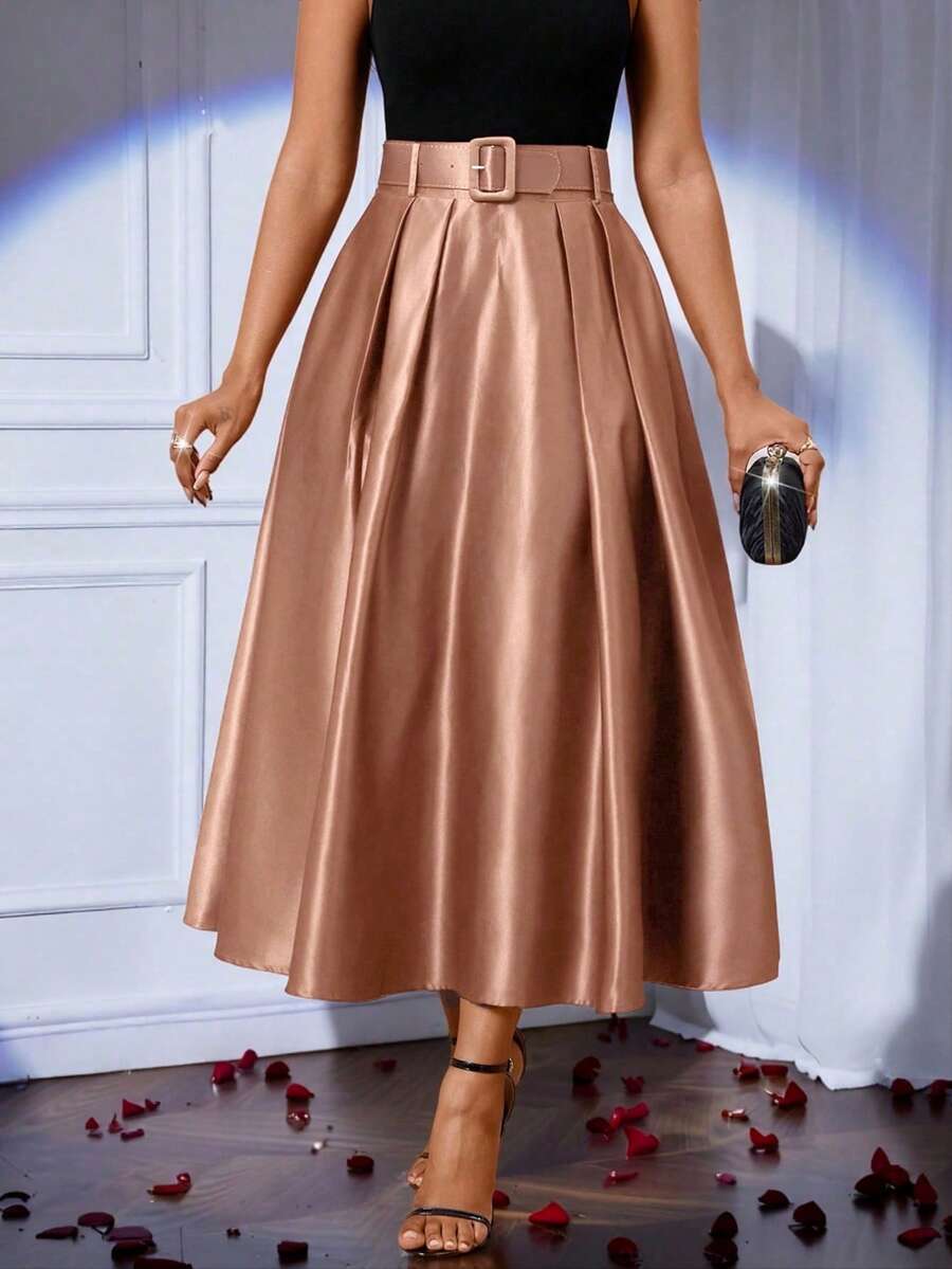 SHEIN Lady 女士优雅纯色百褶A字裙，适合通勤 - 粉色 - 查看 1