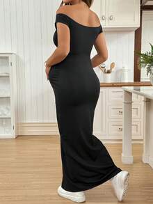 SHEIN 纯色露肩开衩修身孕妇连衣裙 - 黑色 - 查看 2