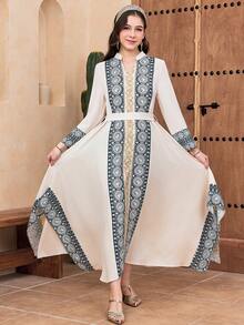 SHEIN Teen Girls' Elegant Blue Autumn Dinner Casual Print Patchwork Stand Collar V-Neck Long Sleeve Belted Maxi Woven Dress,Khaki & Apricot Abaya Islamic - Apricot - View 1