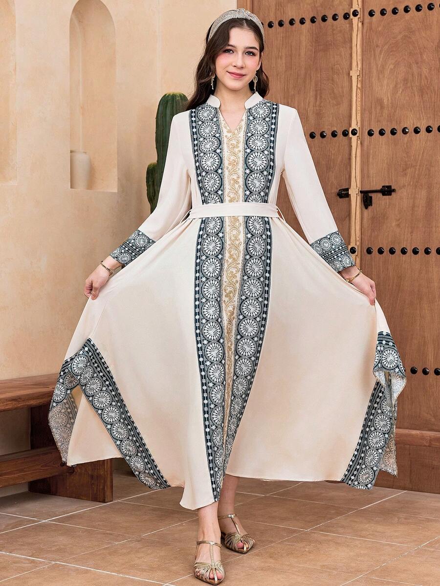 SHEIN Teen Girls' Elegant Blue Autumn Dinner Casual Print Patchwork Stand Collar V-Neck Long Sleeve Belted Maxi Woven Dress,Khaki & Apricot Abaya Islamic - Apricot - View 1