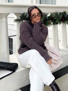 NegzBox Women's Solid Color Front Button Long Sleeve Casual Blouse,Knitted Sweater In Fall/Winter - Coffee Brown - View 4