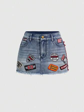 ROMWE Avant Jupe mini en jean vintage et délavé avec logo rétro pour femmes