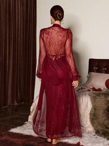 女士优雅成熟浪漫露背抽绳褶皱针织吊带裙搭配迷人蕾丝系带内衣套装，适合情人节、婚礼等场合。 - 酒紅色 - 查看 1