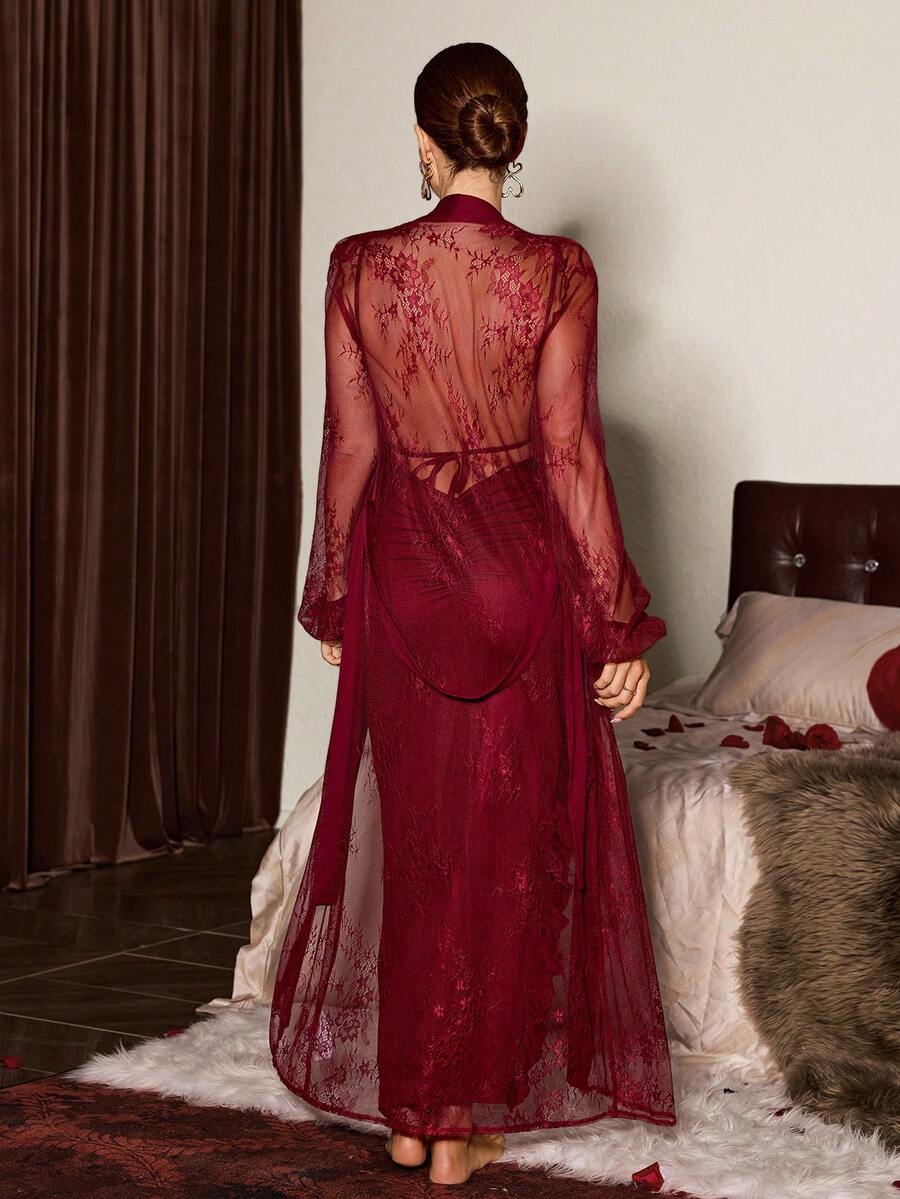 女士优雅成熟浪漫露背抽绳褶皱针织吊带裙搭配迷人蕾丝系带内衣套装，适合情人节、婚礼等场合。 - 酒紅色 - 查看 1