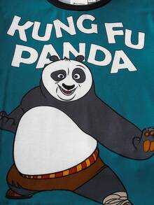 SHEIN Kung Fu Panda Young Boy Summer Casual Letter & Panda Print Round Neck Short Sleeve T-Shirt - أخضر - مشاهدة 5