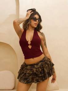 Rayane Ketlyn Elegante top sin mangas con cuello de halter y decoración circular, color azul claro, para primavera/verano - Burdeos - Ver 3