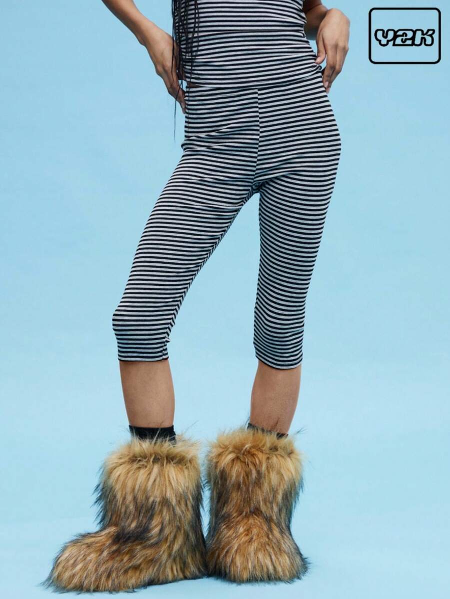 COUREZ Low Rise Striped Capri Leggings Y2K Vintage - Multicolor - View 1