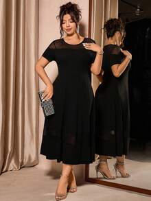 Cravure Plus Size Elegant Black Summer Curve Mesh Patchwork Cocktail Midi Dress,Commuter Solid Color Medium Length Ladies' Dresses For Vacations And Parties - Black - View 4