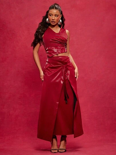 NYA SZN Matching Set Top & Skirt Top Asymmetrical Sleeve Ruche Detail Crop Skirt High Rise Pencil Skirt Maxi Length A Line Faux Leather Ibiza Cool Girl Event Party Club Night Out Sexy Romantic Fall Winter Suitable For Commuting Statement Festival Carnival Outfits For Women