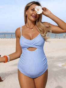 SHEIN Maternity Striped Spaghetti Strap One-Piece Swimsuit For Beach Vacation