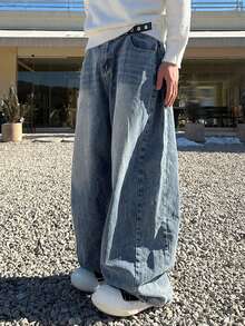 DAZY Spring Washed Blue Men's Pocket Wide Leg Loose Casual Jeans - Blue - View 4