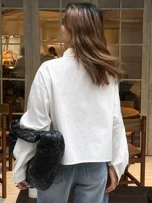 DAZY 女士宽松长袖水钻领优雅衬衫，适合春秋季穿着 - 白色 - 查看 2