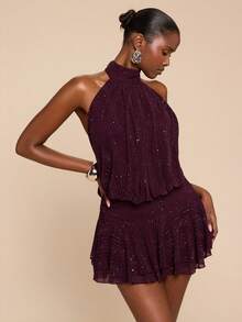 SHEIN BAE 女士紫红色露背荷叶边迷你连衣裙，紫红色连衣裙 - 紫色 - 查看 5