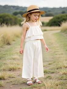 Elladie kids 4件套女童休闲迷人吊带背心搭配宽松阔腿裤，粉色和米色，适合日常外出、度假和休闲穿着 - 彩色 - 查看 3