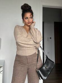 NegzBox Floral Print Wrap-Style Cropped V-Neck Tie Waist Long Gigot Sleeve Casual Elegant Sweater For Women,Long Sleeve Tops Knit Pullover Fall Winter Outfit - Khaki - View 5
