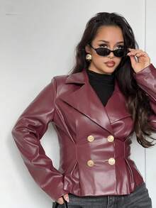 NegzBox Chaqueta minimalista de color contrastante, prenda exterior de manga larga para principios de otoño, abrigo burdeos, chaqueta elegante para mujer, atuendo para salir, ropa de mujer para Año Nuevo, ropa de Navidad, chaqueta de invierno para mujer, ropa de invierno para mujer, ropa de otoño para mujer, chaqueta estilo Ankora Old Money, chaqueta de PU rojo vino para ir al trabajo y casual elegante, chaqueta de PU con botones metálicos en la cintura