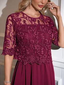 SHEIN Clasi Vestido de manga corta con cuello redondo de unicolor y encaje elegante - Burdeos - Ver 8