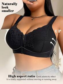 1 pièce Soutien-gorge sans fil en dentelle noir grande taille avec bretelles larges, fermeture éclair frontale confortable - Noir - Voir 7