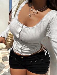 Sunnyshic Plus Size Women's Elegant Vintage Lace Trim Jacquard Striped Scoop Neck Fitted T-Shirt - Apricot - View 5