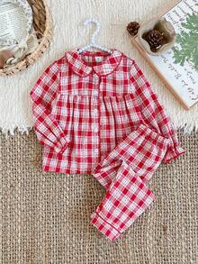 Young Girls Pajamas-2 Pieces Pajama Set Red White Plaid Peter Pan Collar Long Sleeve Button Front Top Matching Long Pants Sleepwear Nightwear Cozy Ruffle Empire Seam Festive Holiday Essential 2026 Four Season Charming Retro Family Gift Gingham Set Red Pajama Set Girls Red And Plaid Sets Red Pj Set - Red - View 1