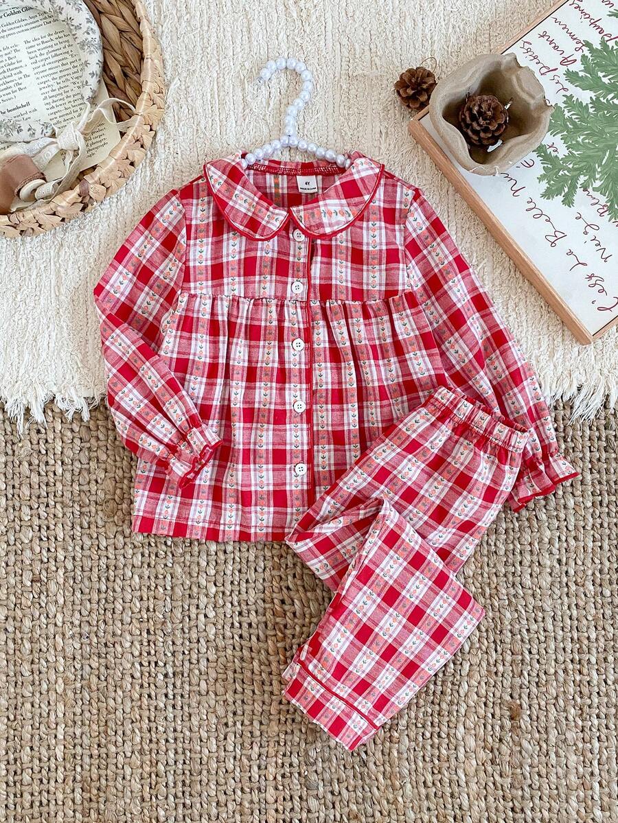 Young Girls Pajamas-2 Pieces Pajama Set Red White Plaid Peter Pan Collar Long Sleeve Button Front Top Matching Long Pants Sleepwear Nightwear Cozy Ruffle Empire Seam Festive Holiday Essential 2026 Four Season Charming Retro Family Gift Gingham Set Red Pajama Set Girls Red And Plaid Sets Red Pj Set - Red - View 1