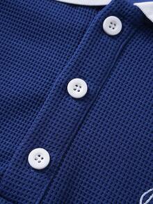 ROMWE MEN Prep 男士休闲撞色条纹字母刺绣 Polo 衫，秋季款 - 藍色 - 查看 6