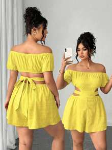Elenzga Plus Size Women's French Textured Off-Shoulder Jumpsuit, Light Yellow Summer Smart Casual Vacation Curvy Linen Two Piece Set Brunch Beach - Yellow - View 1