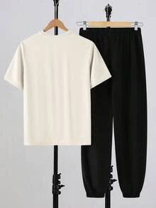 SHEIN 2件套青少年男童休闲简约字母印花圆领套头衫套装，适合夏季、运动、跑步、户外活动 - 杏色 - 查看 2