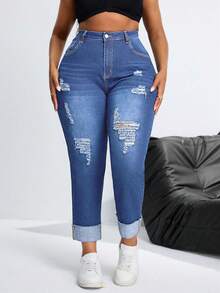 SHEIN SXY Jeans de talla grande para mujer con bolsillos y efecto desgastado, de tela vaquera elástica y ajustada - Azul lavado medio - Ver 6