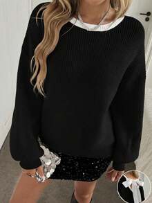 Easowa New Spring Korean Style Soft & Slouchy Backless Bow Knitted Pullover Sweater For Women - Black - View 3
