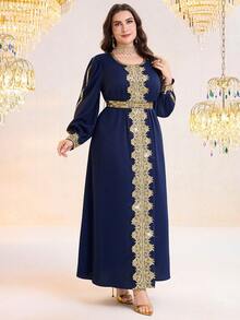 Al Najma Plus Size Elegant Patchwork Water-Soluble Lace Lantern Sleeve Dress - Navy Blue - View 8
