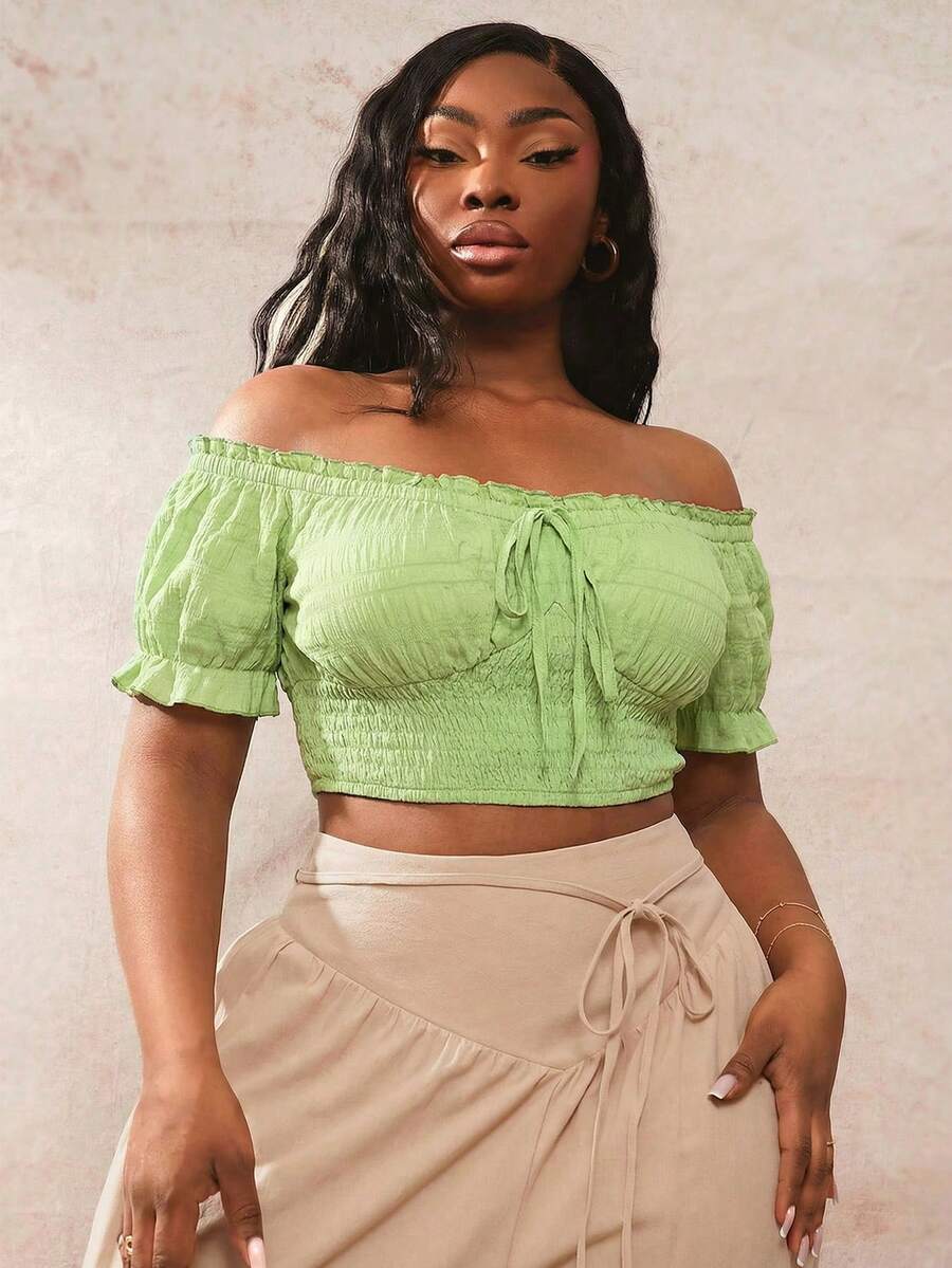 SHEIN SXY 大码女式波西米亚风绿色荷叶边露肩短袖衬衫 - 綠色 - 查看 1
