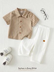 Cozy Pixies 2pcs/Set Baby Boy Blue And White Striped Summer Casual Family Matching Vacation Lapel Short Sleeve Cardigan Top,Elastic Waist Straight Leg Pants - Khaki - View 2