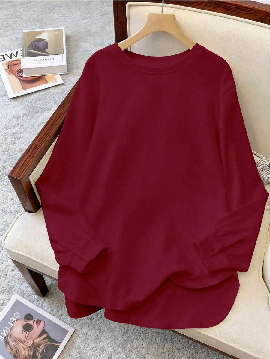 GlowEve CURVE Plus Size Solid Color Crew Neck Casual Sweatshirt - Burgundy - View 1