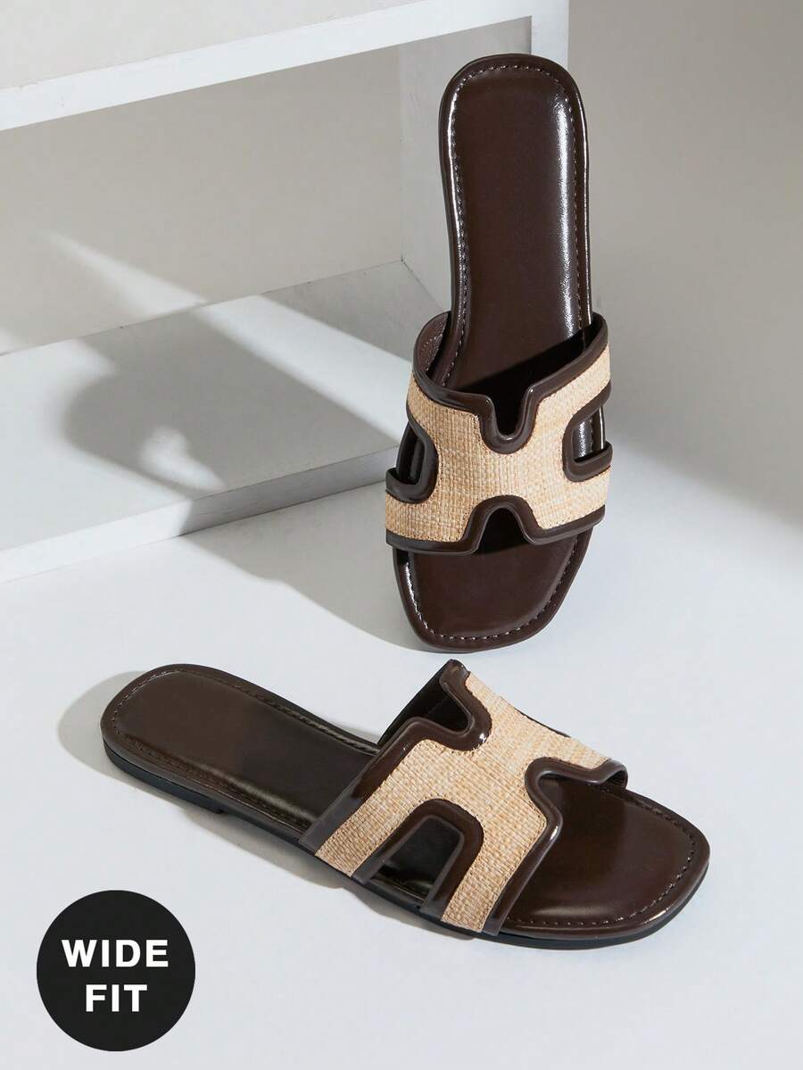 SHUZIA 女士宽楦时尚舒适镂空拉菲草平底凉鞋 - 棕色 - 查看 1