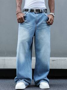 Manfinity EMRG Plus Size Stylish Cat Whisker Pleated Denim Jeans Men Baby Blue Pants - Blue - View 7